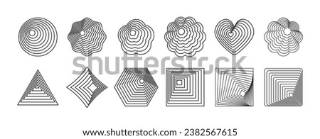 Geometric striped rounded shapes. Hypnotic illusions, swirls, waves. Psychedelic futuristic figures, lines. Modern optical line art. Mid century modern. Black and white.