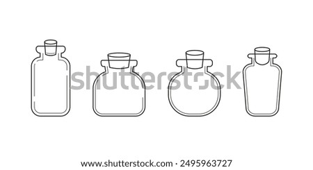 Outline magic glass vessels with corks. Empty flask, container, bottle, jar. Spiritual wizard witchcraft potion. Halloween concept. Line art. Black and white vector isolated on white.  