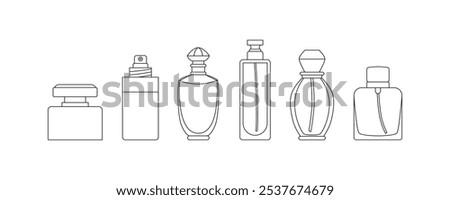 Outline perfume bottles, flasks, vials. Fragrance, essence, eau de toilette. Different scents. Line art. Blank silhouettes. Sign, logo, symbol. Vector isolated on white.