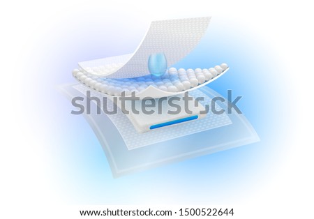 Protection system shows the steps of the 4 sheets absorbent layer, water droplets and ventilation Used for advertising sanitary napkins, diapers, mattresses and adults.
Vector realistic file.