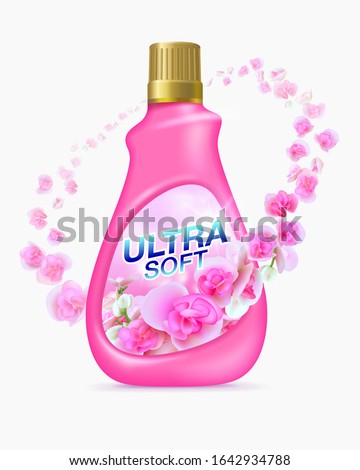 Fabric softener products Premium design with fragrant flowers, pink bottles, golden bottle cap on a white background. advertising media, fabric softeners, iron detergent, dry cleaners, detergents. Foto stock © 
