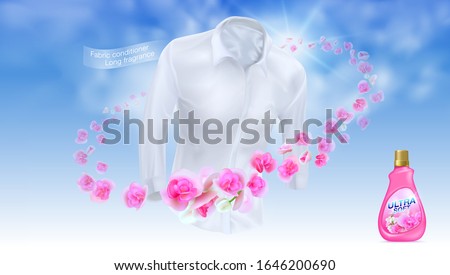 Softener, long lasting fragrance. Use a white shirt on a blue sky background surrounded by pink flowers, reflecting the soft fragrance. Realistic vector file. Foto stock © 