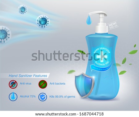 Hand sanitizer gel 75% alcohol component, kills up to 99.99% of viruses covid-19, bacteria and germs, packed in a clear plastic top-press bottle. Realistic file.