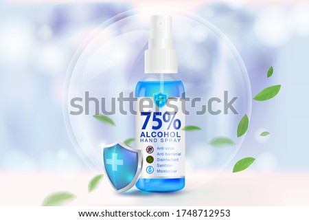 Hand sanitizer spray 75% alcohol components, kill up to 99.99% of covid-19 viruses, bacteria and germs on a blurred light blue background. Pack in clear plastic bottles used to spray.Realistic file.