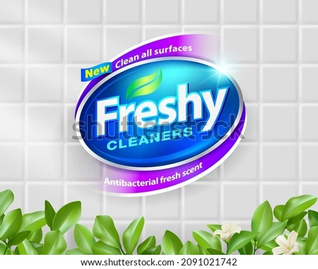 Cleaner products logo template For the production of packaging labels and advertising design. White tile background with leaves and flowers backdrop.