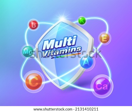 Multivitamin shield icon concept inspiration Many vitamins orbit around the clear blue glass shield. Protect your body and keep it healthy.