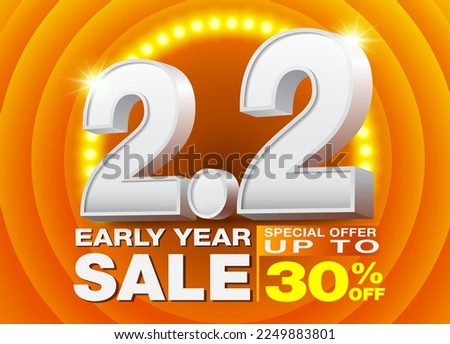 2.2 Special promotion, 30% discount at the beginning of the year with Number two 3D text on Spotlight LED orange background. Campaign Special Offer. Design for Ads, social media, Shopping online.