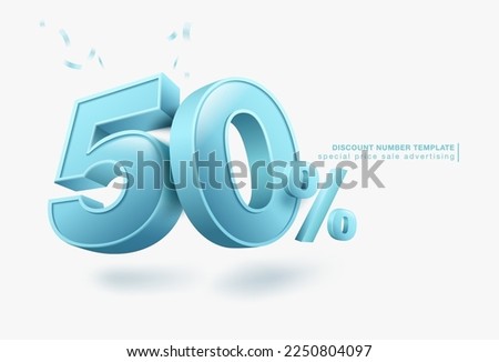 50% discount template, 3D letters, used for promotional advertisements in special sales. Isolated on white background. Realistic vector file.