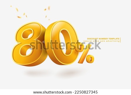 80% discount template, 3D letters, used for promotional advertisements in special sales. Isolated on white background. Realistic vector file.