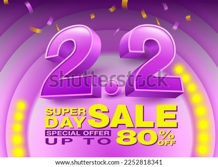2.2 sale day poster or banner template with 3d text number 2 on purple background. Special campaign offers up to 80% off advertising design social media online shopping.