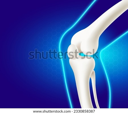 Leg bone and knee joint, side view medical use, advertising material on blue background. Realistic vector file illustration.