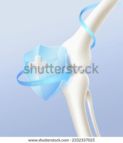 Bone protection and treatment by specialized doctors. Realistic illustration of knee and leg bones with glass shield. media to hospitals, doctors, bone nourishing vitamins. 3d realistic vector file.