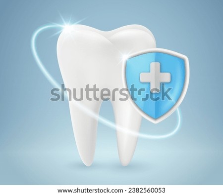 Tooth with medical shield Dental hygiene concepts, anti-caries protection. Realistic 3D vector illustration file.
