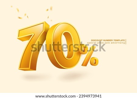 70 percent discount number template, 3D letters, used for promotional advertisements in special sales. Isolated on white background. Realistic vector 3D file.