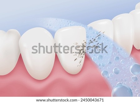Cleaning teeth removes plaque and dirt between the teeth. Make your teeth white and clean. Advertising media for fluoride toothpaste, mouthwash, dental clinics. Realistic vector file.
