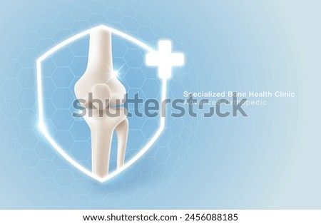 Specialized clinic for bone and knee health or care. Symbol of medical services It has a shield and plus symbol consisting of a straight leg bone on a background.  vector illustration file template.