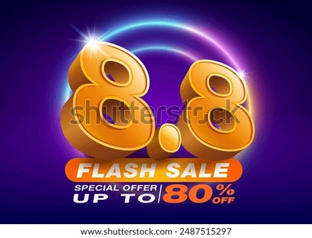 8.8 Flash Sale shopping template, date 8, month 8, with 3D text number eight on a dark background and colorful LED neon lights. Flash Sales campaign, special offers up to 80% off.