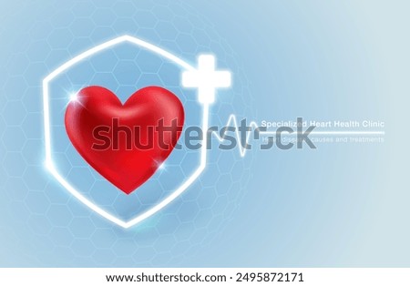 Specialist clinic for cardiology treatment. Medical services symbol with shield and plus sign with heart shape. Vector illustration file template.