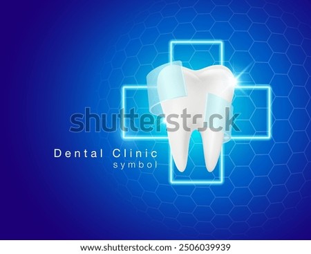 Dental clinic symbol template Root canal treatment, Tooth extraction, Fluoride. Modern design with tooth and plus sign on dark blue background. Realistic vector illustration.