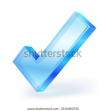 Blue glass check mark icon. 3D vector illustration isolated on white background. For graphic design, UI UX design.