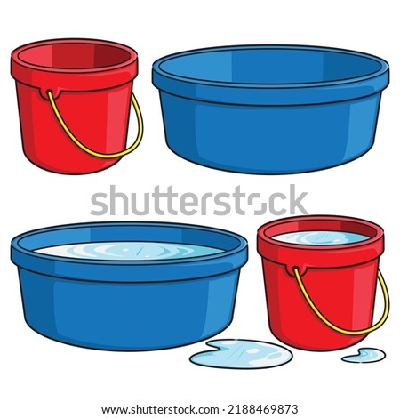 Illustration of cute cartoon of bucket and tub of water. Empty and filled.