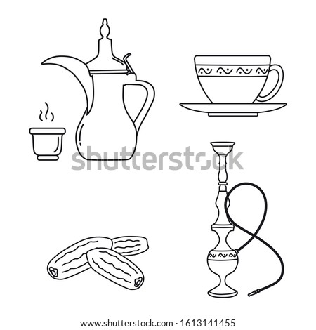 Arabic vintage items like Arabic coffee pot, coffee cup , dates and Hookah.