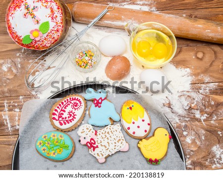 Easter cookies and ingredients for cooking delicious cookies.