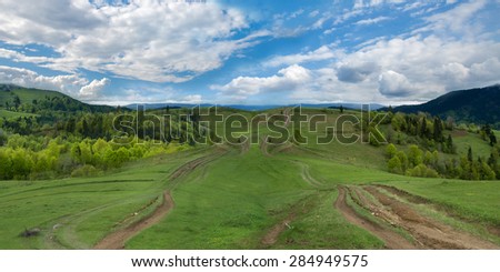 Several paths in the mountains of the Carpathians through the field away coniferous forest