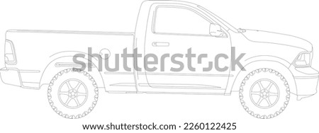 Pickup Truck Silhouette Outlined, Side View Illustration	