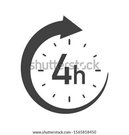 Four hours round icon with arrow. Black and white vector symbol.