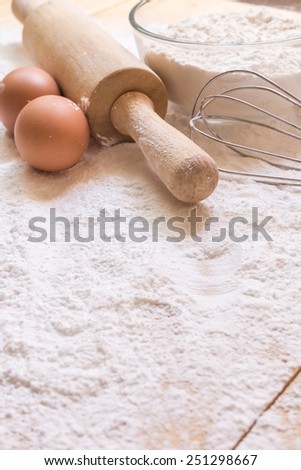 Close up Ingredients for baking cake on wooden deck