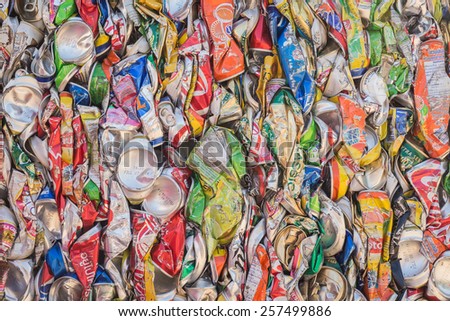 PHUKET, THAILAND - MARCH 3 : Crushed soda and beer cans at a recycling facility in Phuket on March 3, 2015. The cans will be shipped to an aluminum foundry.