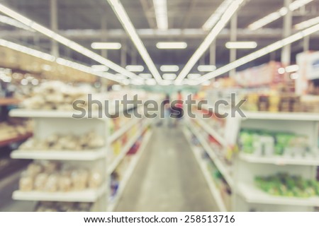 Blurred background : Customer shopping in Supermarket store, Vintage filter effect