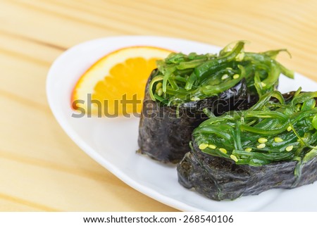 Traditional japanese food, Chuka Wakame seaweed salad on wooden table