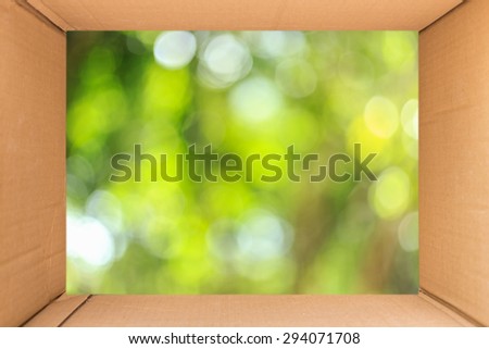 Close up inside of brown cardboard box with sunny abstract green nature background, blurred bokeh