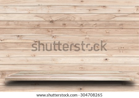 Empty top wooden shelves and wooden wall background. For product display