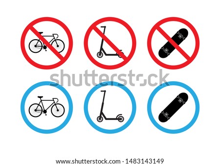 Vector flat set collection of road signs with scooter, skateboard and bicycle isolated on white background