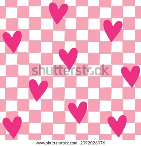 Vector seamless pattern of pink hand drawn sketch doodle chessboard checkered texture and hearts isolated on white background Stock fotó © 