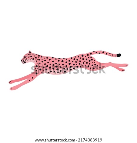 Vector flat jumping pink cheetah isolated on white background