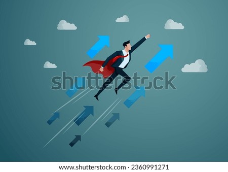 Business leader soared into blue sky accompanied several blue arrows, all under a red cape. Business rising up. flat vector design illustration.