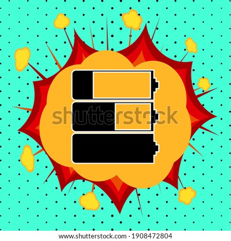 Three batteries with different charge sign, pop art explosion, vector illustration for design