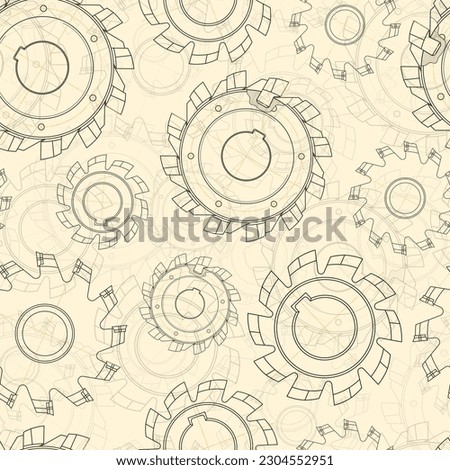 Mechanical engineering drawings on light background. Cutting tools, milling cutter. Technical Design. Cover. Blueprint. Seamless pattern. Vector illustration.