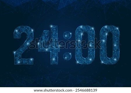 Abstract isolated blue image of C24 00 o clock , twelve am - pm. Polygonal low poly wireframe illustration looks like stars in the black night sky. Digital clock closeup display.