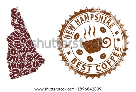 Coffee mosaic map of New Hampshire State and corroded stamp seal. Vector map of New Hampshire State collage is composed with coffee. Round rosette stamp in brown colors.