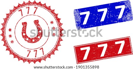 Rectangle and round 777 watermarks with icon inside. Blue and red scratched watermarks with 777 caption inside rectangle shapes. Rosette stamp includes icon inside.