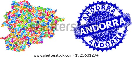 Andorra map template. Blot mosaic and unclean stamp seal and Andorra map. Sharp rosette blue stamp seal with caption and Andorra map. Mosaic vector Andorra map is composed from random colorful blots.