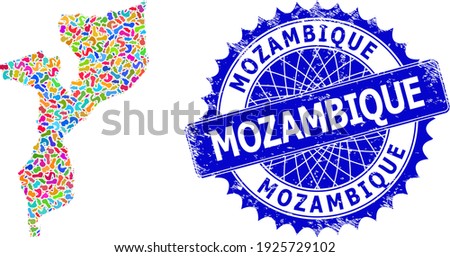 Mozambique map template. Blot mosaic map and rubber stamp seal for Mozambique. Sharp rosette blue seal with tag for Mozambique map.