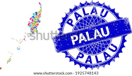 Palau map template. Splash pattern map and unclean stamp seal for Palau. Sharp rosette blue seal with tag for Palau map. Mosaic vector Palau map is created of scattered colorful spots.