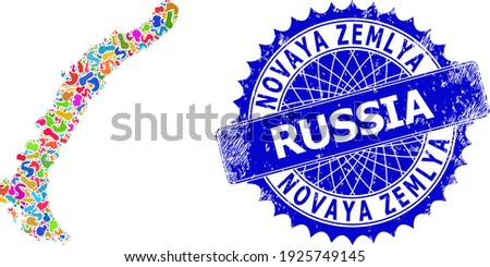 Novaya Zemlya Islands map abstraction. Blot mosaic map and rubber stamp for Novaya Zemlya Islands. Sharp rosette blue stamp seal with text for Novaya Zemlya Islands map.