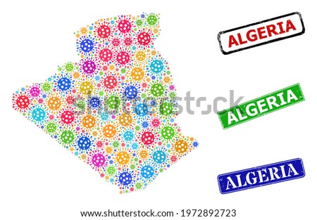 Vector virulent collage Algeria map, and grunge Algeria seal stamps. Vector colored Algeria map collage, and Algeria rubber framed rectangle stamp seals.
